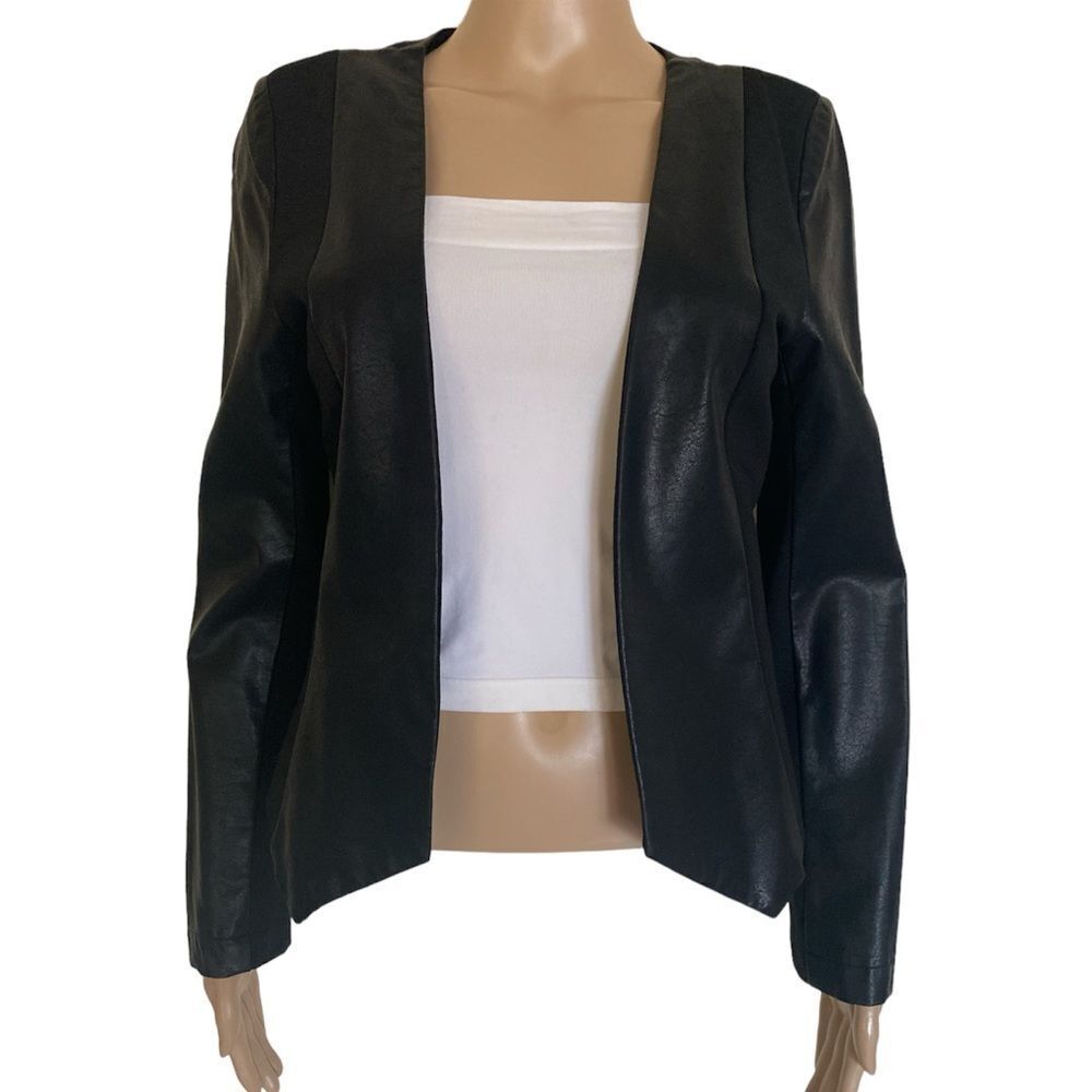 Michel Women’s Size M Black Faux Leather Blend Open Front Rare Edition Jacket